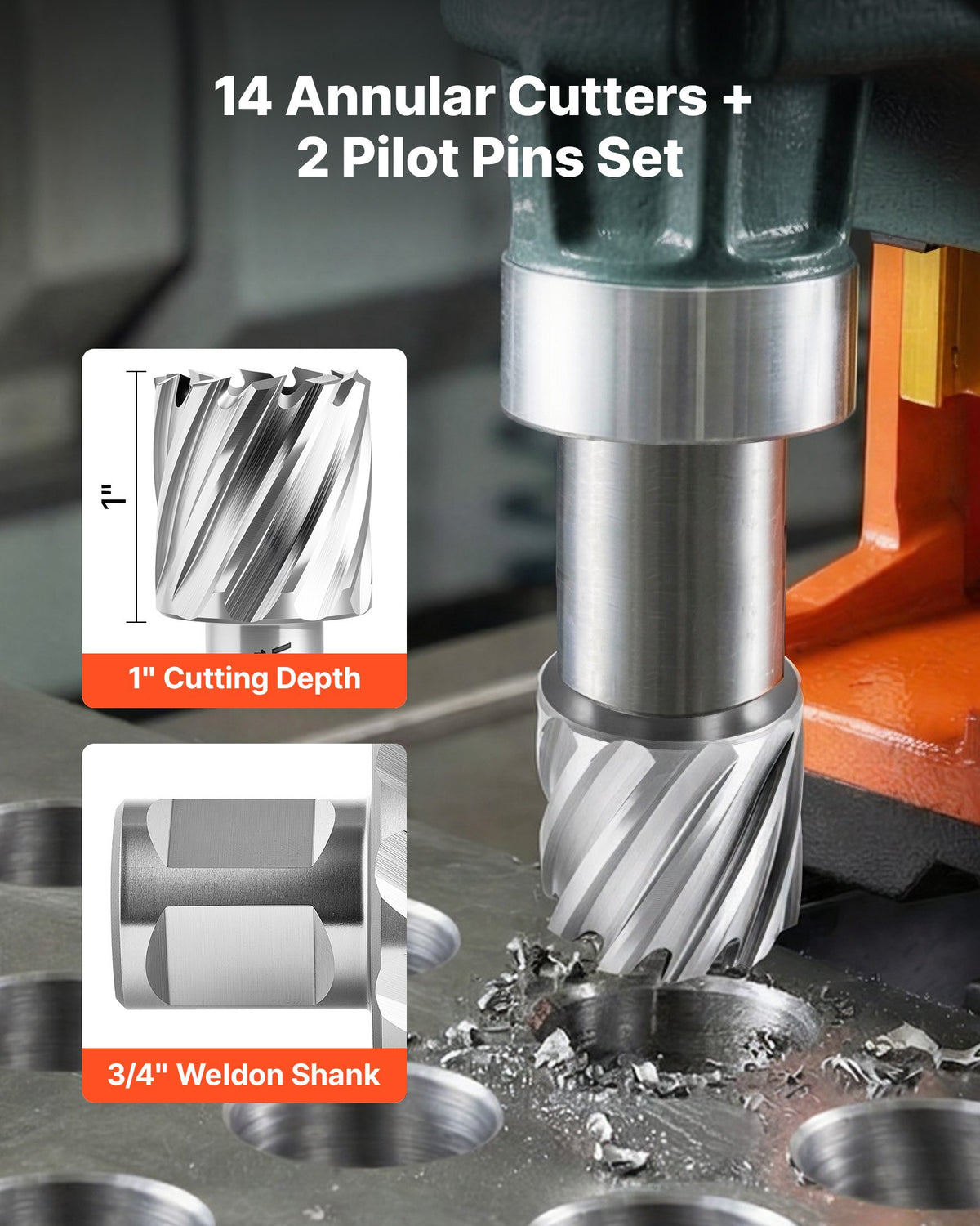 VEVOR Annular Cutter Set, 16 pcs Weldon Shank Mag Drill Bits Kit, 25.4 mm Cutting Depth, 11.11 mm to 34.92 mm Cutting Diameter, HSS, 14 Drill Bits with 2 Pilot Pins, Plastic Case, for Magnetic Drills