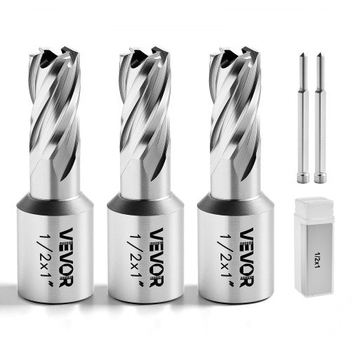 VEVOR Annular Cutter Set, 5 pcs Weldon Shank Mag Drill Bits Kit, 25.4 mm Cutting Depth, 12.7 mm Cutting Diameter, HSS, 3 Drill Bits with 2 Pilot Pins and 3 Plastic Cases, for Magnetic Drills, Steel