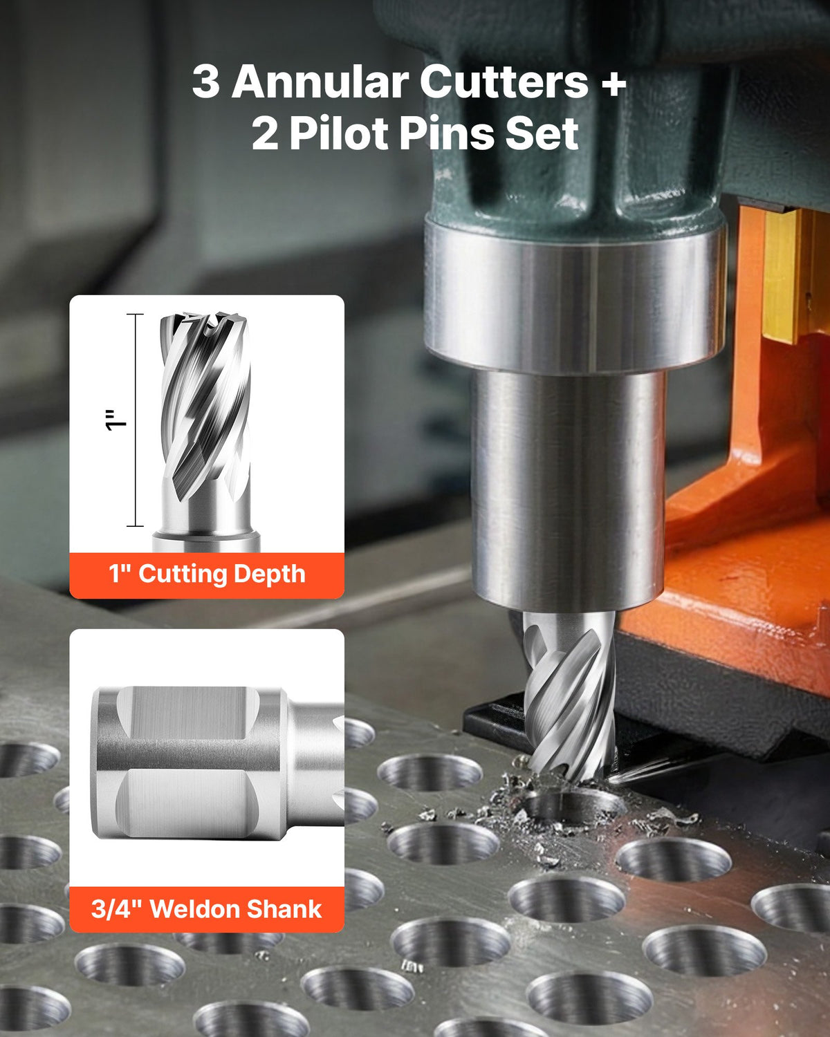 VEVOR Annular Cutter Set, 5 pcs Weldon Shank Mag Drill Bits Kit, 25.4 mm Cutting Depth, 12.7 / 15.87 / 25.4 mm Cutting Dia, HSS, 3 Drill Bits with 2 Pilot Pins and 3 Plastic Cases, for Magnetic Drills