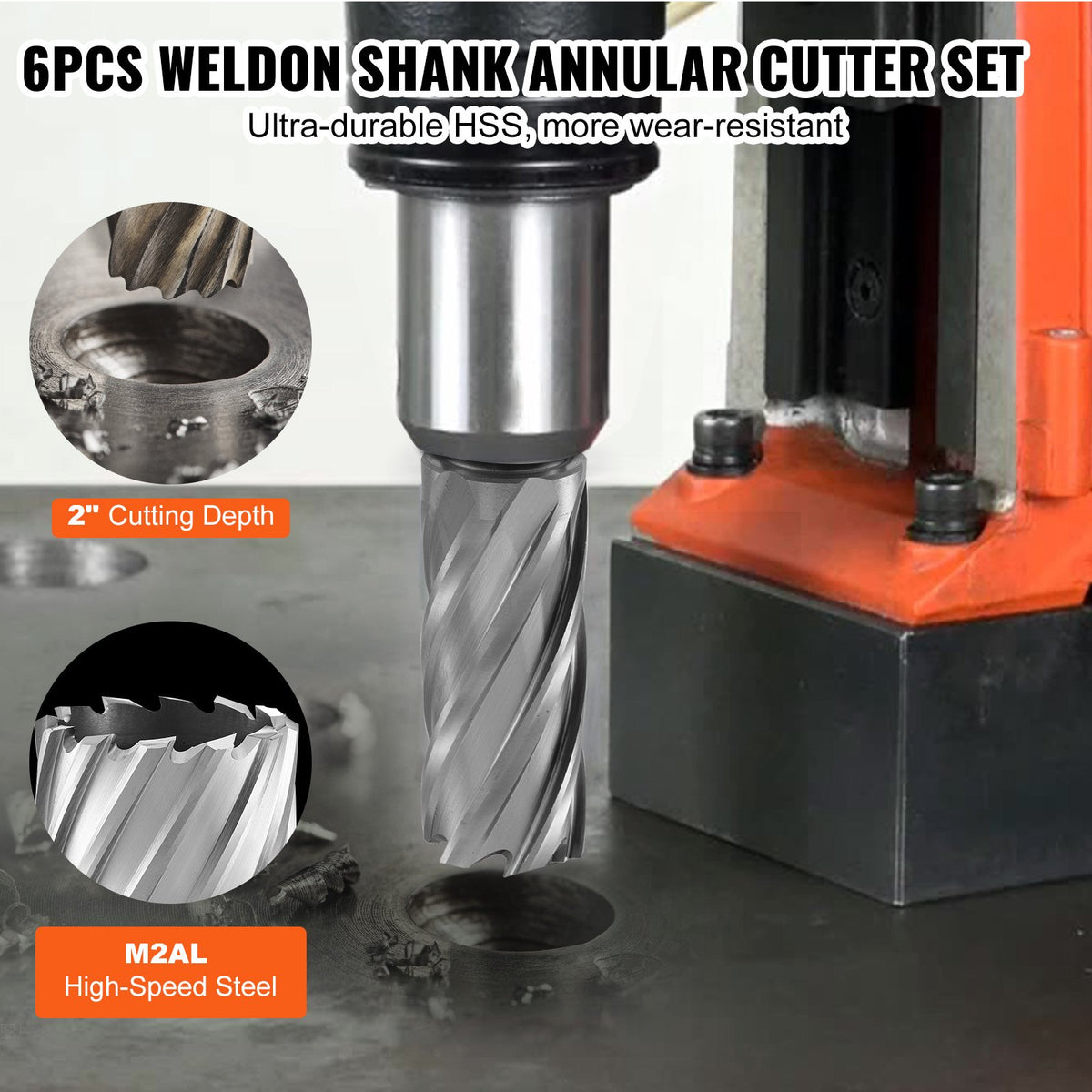 VEVOR Annular Cutter Set, 6 pcs Weldon Shank Mag Drill Bits, 2" Cutting Depth, 1" to 2" Cutting Diameter, M2AL High-Speed Steel, with 2 Pilot Pins and Portable Case, for Using with Magnetic Drills