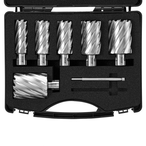 VEVOR Annular Cutter Set, 6 pcs Universal Shank Mag Drill Bits, 5.1 cm Cutting Depth, 2.5 to 5.1 cm Cutting Diameter, M2AL High-Speed Steel, with 2 Pilot Pins and Portable Case, for Using with Magnetic Drills