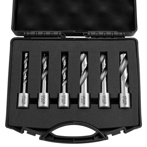 VEVOR Annular Cutter Set, 6 pcs Weldon Shank Mag Drill Bits Kit, 50.8 mm Cutting Depth,6.35 mm to 14.28 mm Cutting Diameter, HSS, 6 Drill Bits with Plastic Case, for Magnetic Drills, Steel, Aluminum