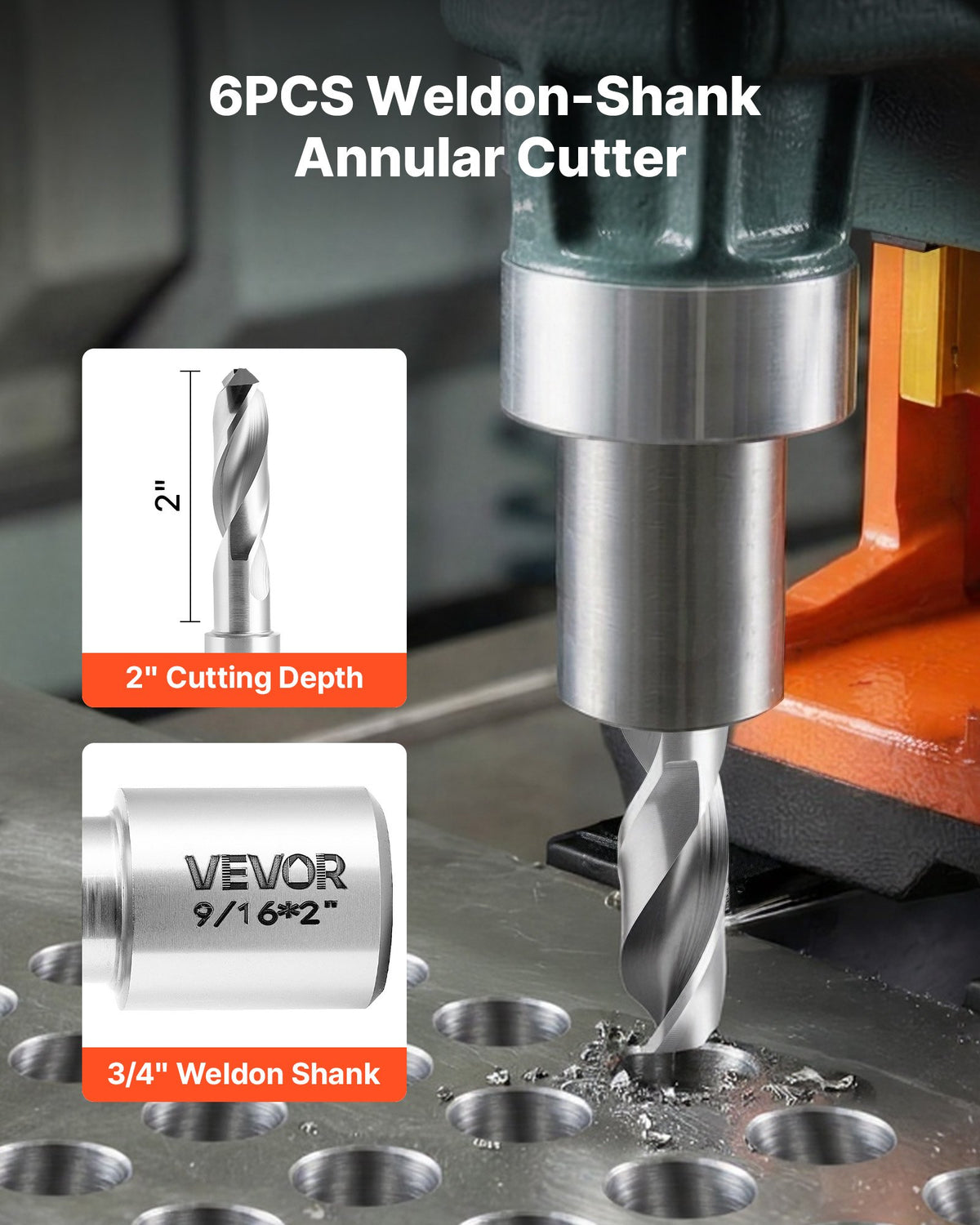 VEVOR Annular Cutter Set, 6 pcs Weldon Shank Mag Drill Bits Kit, 50.8 mm Cutting Depth,6.35 mm to 14.28 mm Cutting Diameter, HSS, 6 Drill Bits with Plastic Case, for Magnetic Drills, Steel, Aluminum