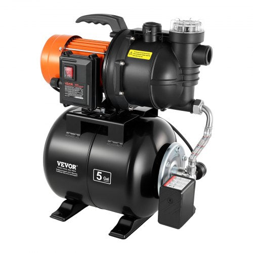VEVOR 1100W Shallow Well Pump with Pressure Tank, 5300 LPH, Irrigation Jet Pump with 19L Tank, Filter, Check Valve, Automatic Water Booster System, 1.4-2.8 bar Pressure Switch, for Home Garden Lawn