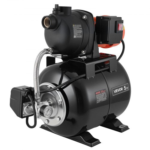 VEVOR 1.1 HP Shallow Well Pump with Pressure Tank, 230V 5000 LPH, Plastic Irrigation Jet Pump with 19 L Tank, Automatic Water Booster Transfer System, 1.4-2.8 bar Pressure Switch, for Home Garden Lawn