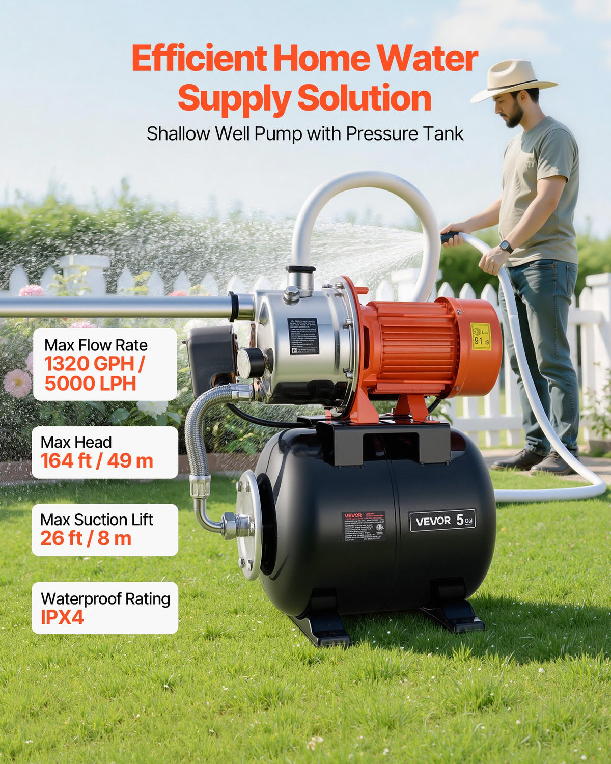 VEVOR 1.6 HP Shallow Well Pump with Pressure Tank, 230V 5000 LPH, Stainless Steel Irrigation Jet Pump with 19L Tank, Automatic Water Booster System, 1.4-2.8 bar Pressure Switch, for Home Garden Lawn