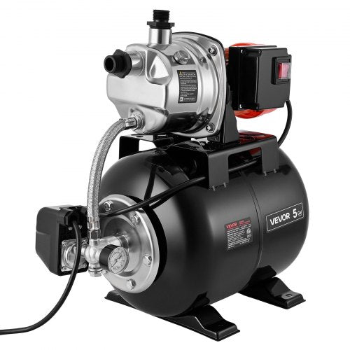 VEVOR 1 HP Shallow Well Pump with Pressure Tank, 230V 3750 LPH, Stainless Steel Irrigation Jet Pump with 19L Tank, Automatic Water Booster System, 1.4-2.8 bar Pressure Switch, for Home Garden Lawn