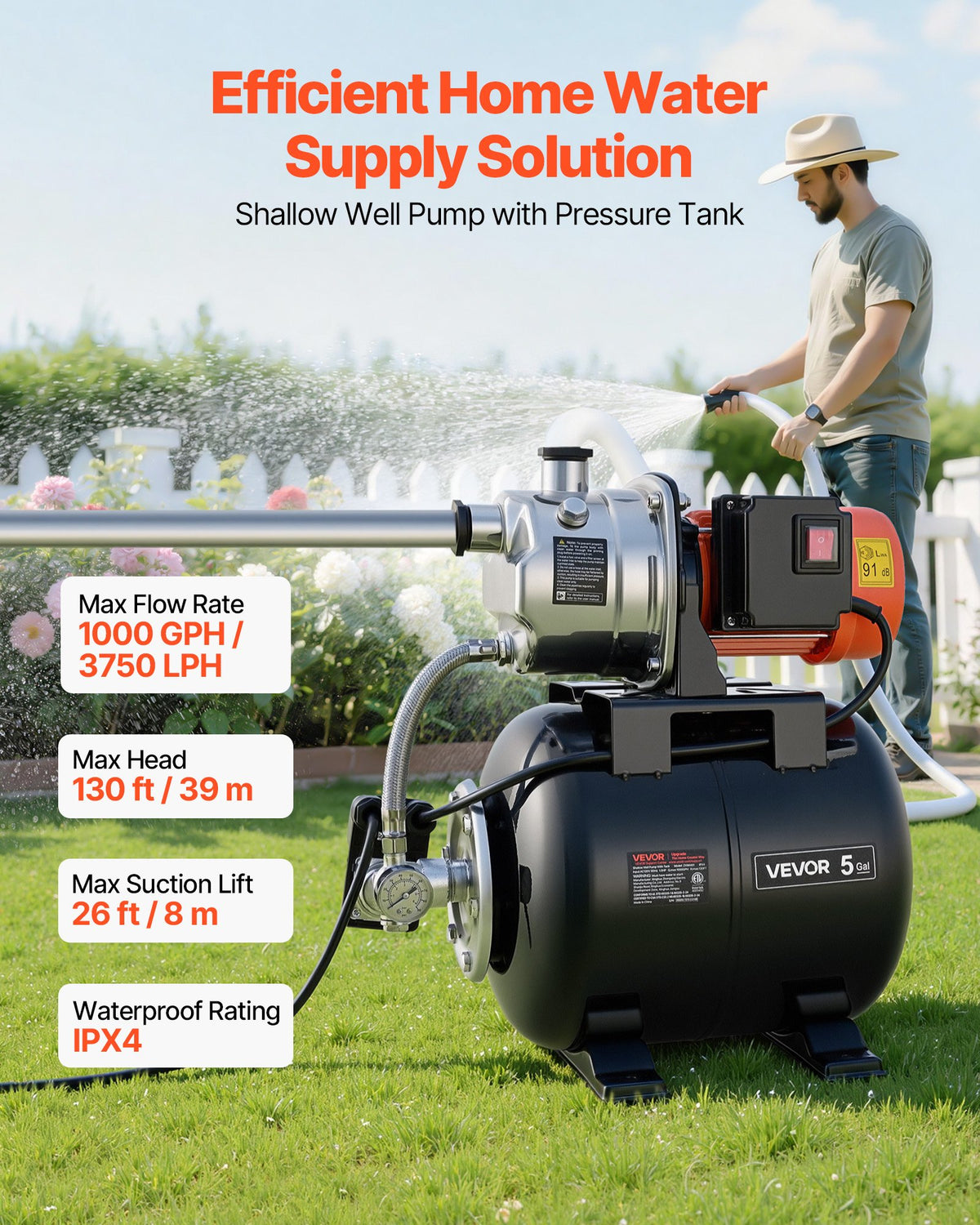VEVOR 1 HP Shallow Well Pump with Pressure Tank, 230V 3750 LPH, Stainless Steel Irrigation Jet Pump with 19L Tank, Automatic Water Booster System, 1.4-2.8 bar Pressure Switch, for Home Garden Lawn