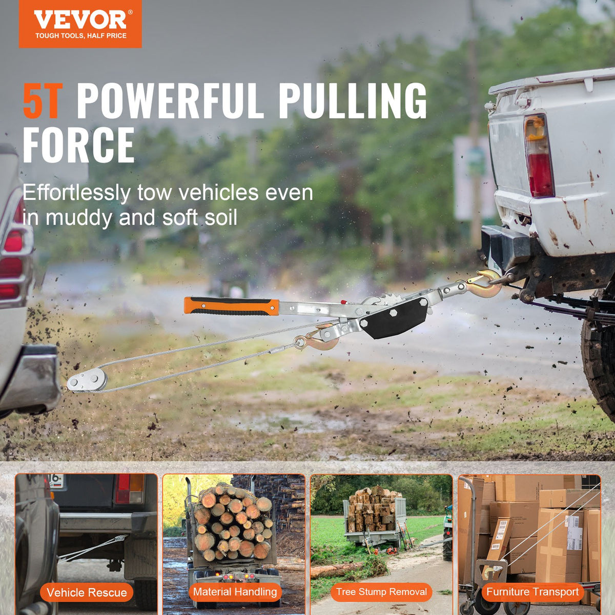 VEVOR Come Along Winch, 5 Ton (5,000 kg) Pulling Capacity, 3.5 m Steel Cable, 3 Hooks, Heavy Duty Ratchet Power Puller Tool with Dual Gears, Automotive Hoist Cable Puller Ideal for Vehicle Rescue