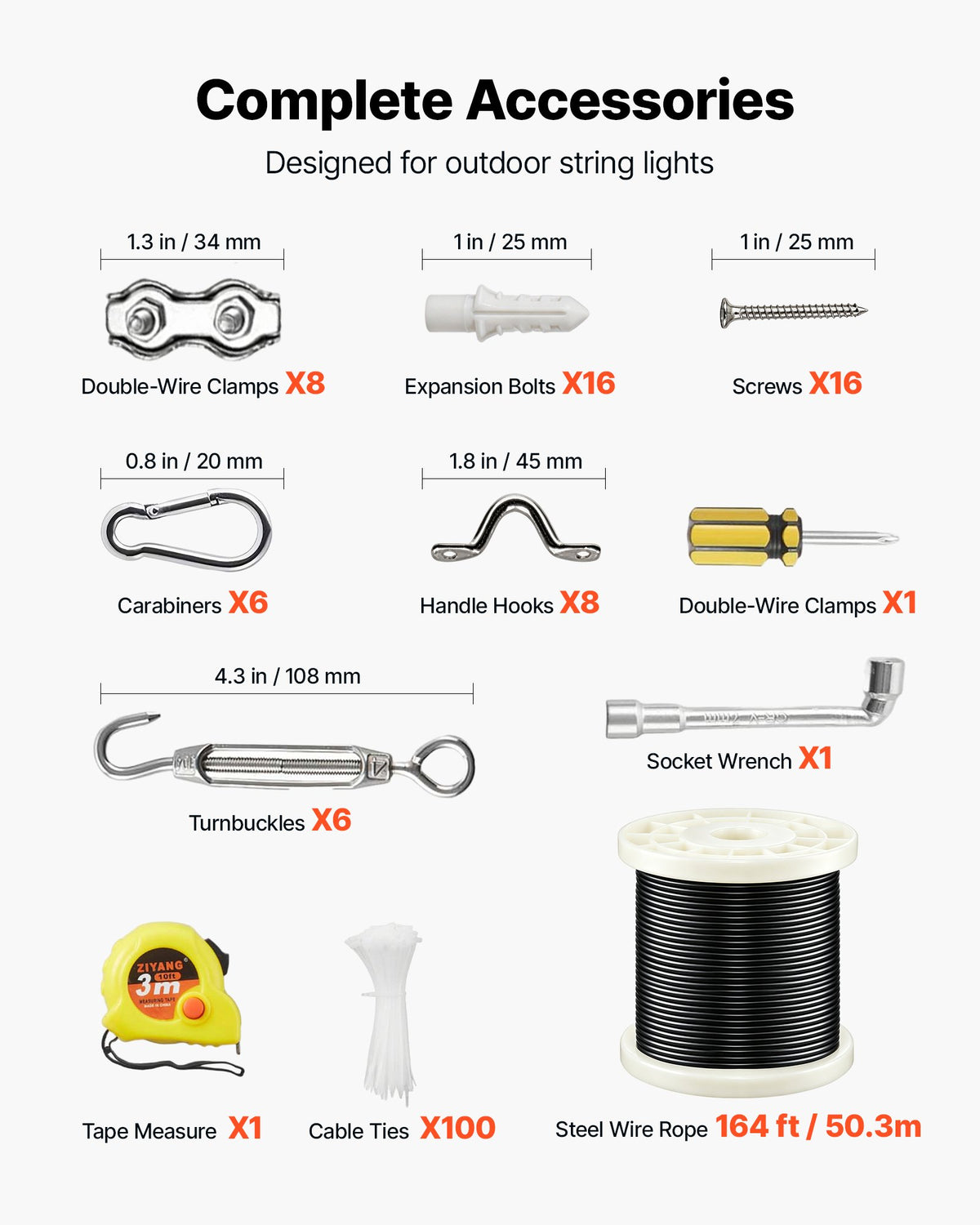 VEVOR 2.38 mm Wire Rope Kit, 50.3 m Length, 304 Stainless Steel Wire Cable, 2 kN Breaking Strength, 7 x 7 Strands Construction, Steel Cable for Deck Railing System, Garden Trellis, String Lights