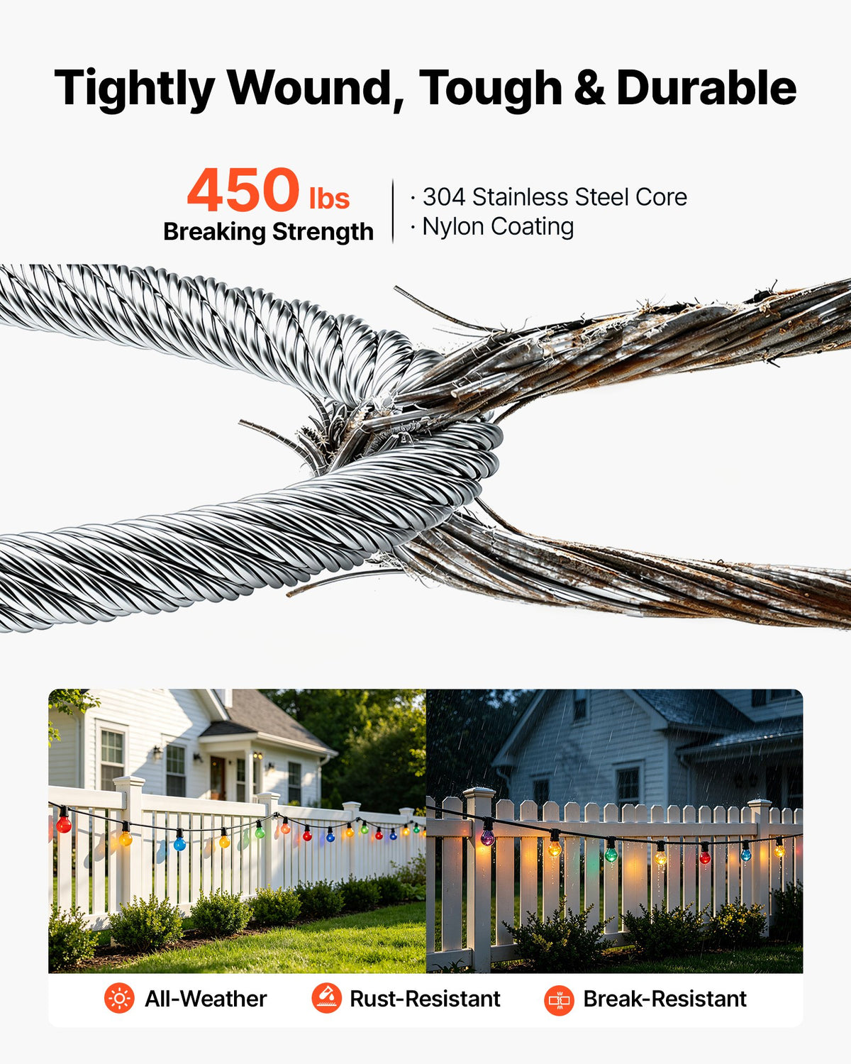 VEVOR 2.38 mm Wire Rope Kit, 50.3 m Length, 304 Stainless Steel Wire Cable, 2 kN Breaking Strength, 7 x 7 Strands Construction, Steel Cable for Deck Railing System, Garden Trellis, String Lights