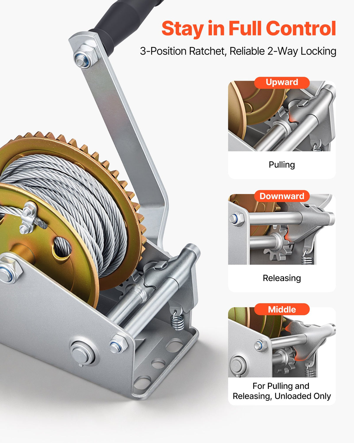 VEVOR Boat Winch, 726 kg Hand Winch, Heavy Duty Manual Rope Crank with 10m Steel Wire, Portable Two-Way Ratchet, Anti-Slip Handle, Easy Installation Gear for Boat Trailer ATV Towing