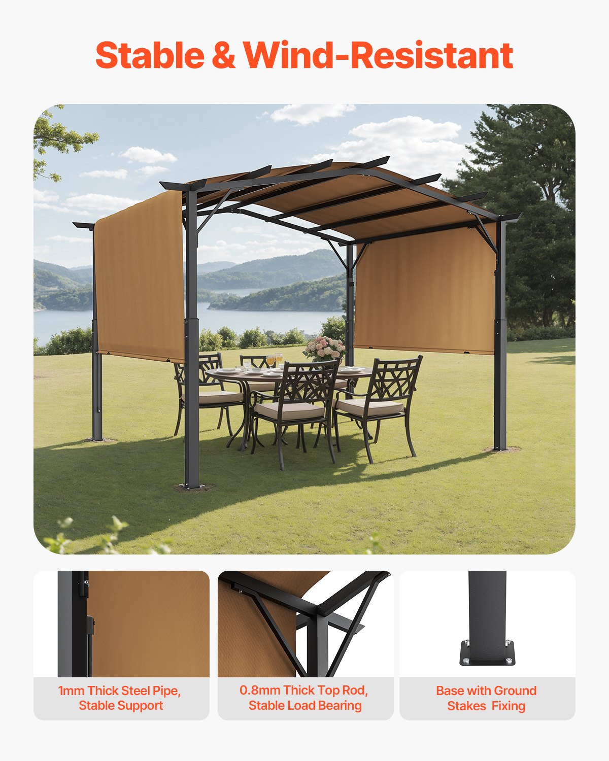 VEVOR 10 x 10 ft Outdoor Pergola, Arched Top Metal Pergola, Retractable Pergola with Sun Shade Canopy,  Large Patio Shelter Pavilion, Heavy Duty Garden Pergola for Deck Backyard Porch Poolside
