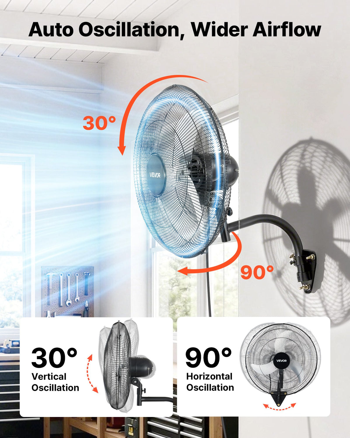 VEVOR Wall Mount Fan, 500mm Wall Mounted Hanging Fan Oscillating, 3-Speed, Long Airflow Distance, Adjustable Rotation Angle, Mechanical Powerful for Industry, Commercial, Garage, Workshop, Gym, Black