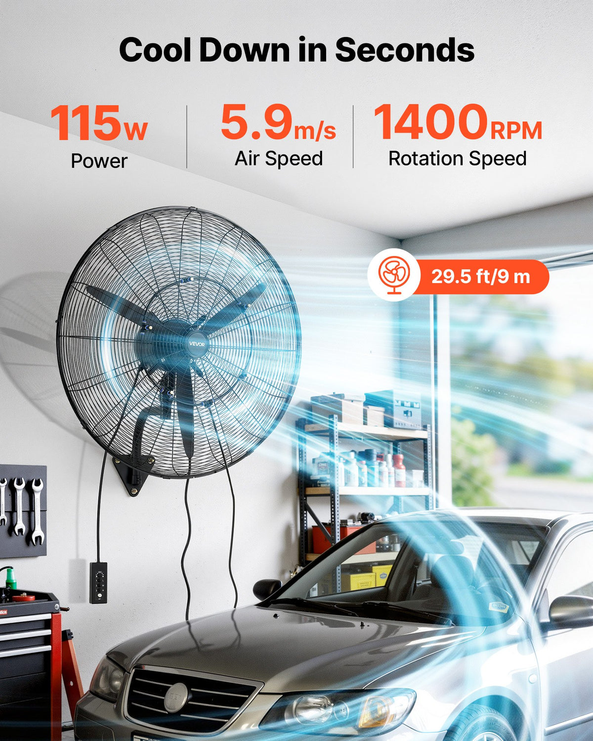 VEVOR Wall Mount Fan, 760 mm Wall Mounted Hanging Fan with Oscillating & Mist, IP44-rated, 3-Speed, Powerful Air Reach, Mechanical Control, Long Airflow for Industry, Commercial, Garage, Workshop, Gym