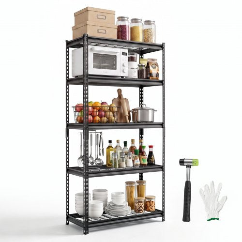 VEVOR Storage Shelves, 5-Tier 907.2 kg Garage Shelving 92.3 x 41.5 x 181 cm, for Garage, Basement, Warehouse, Kitchen, Heavy-Duty Metal Stable Construction, Adjustable Wire Racks, with Gloves, Black
