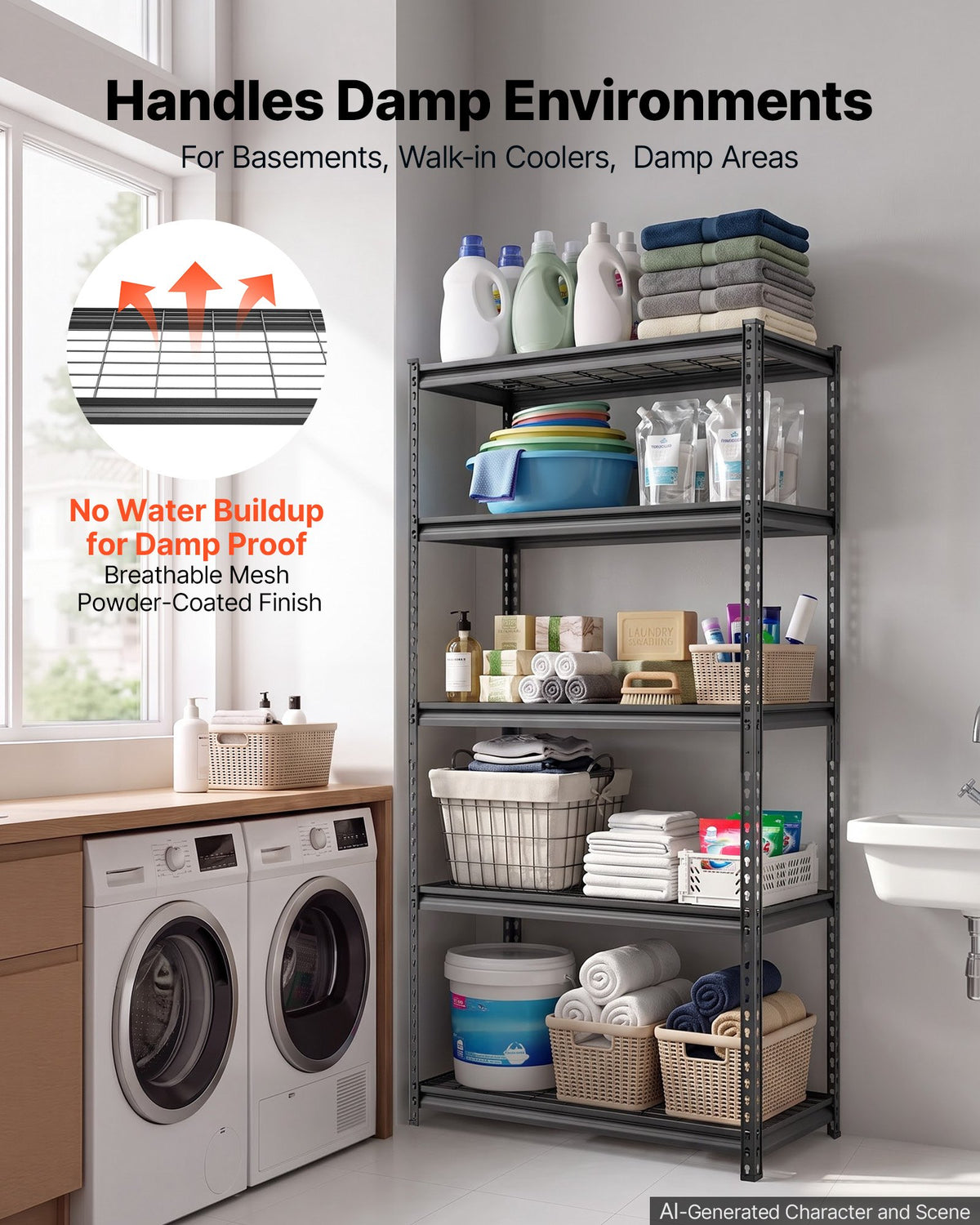 VEVOR Storage Shelves, 5-Tier 907.2 kg Garage Shelving 92.3 x 41.5 x 181 cm, for Garage, Basement, Warehouse, Kitchen, Heavy-Duty Metal Stable Construction, Adjustable Wire Racks, with Gloves, Black