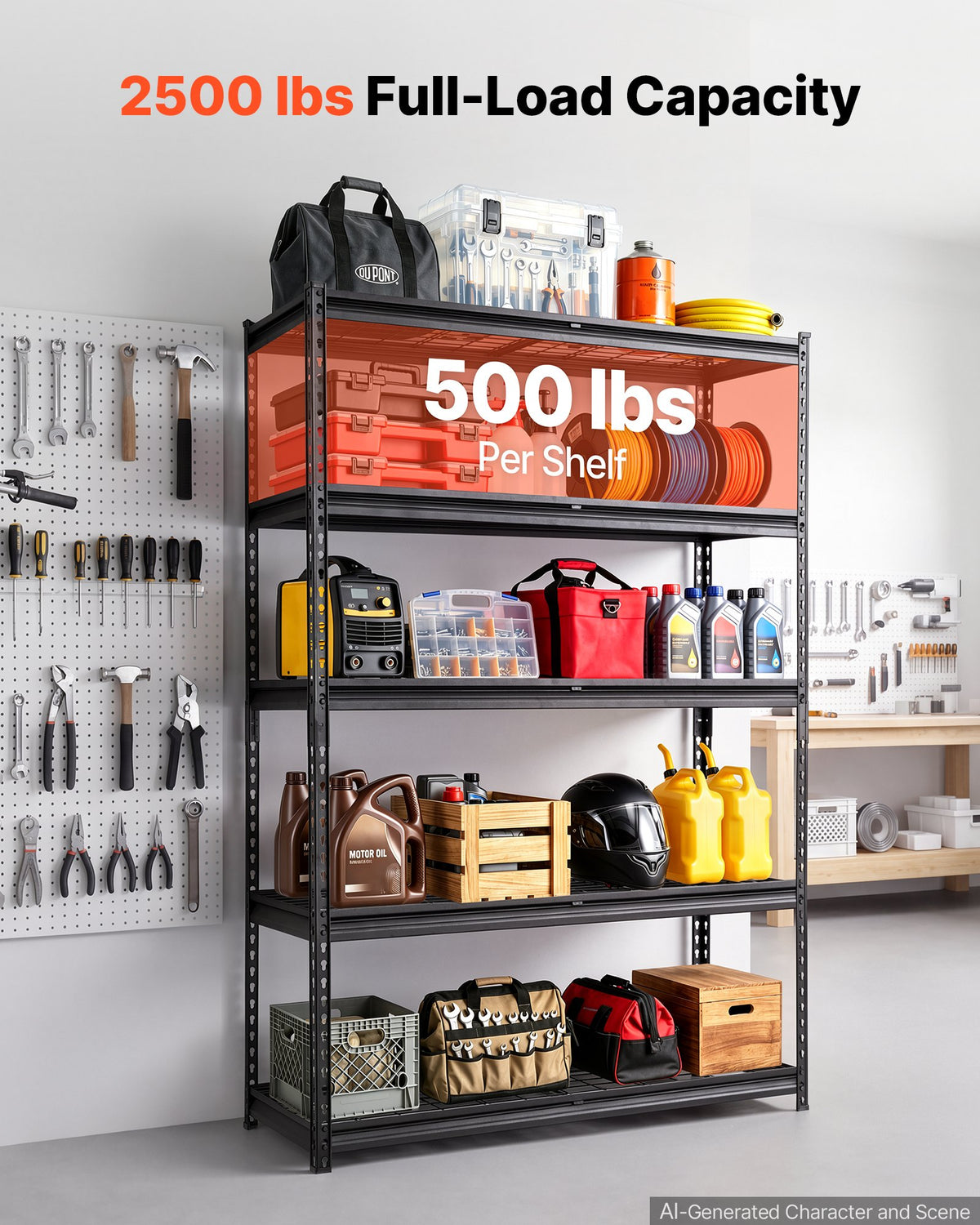 VEVOR Storage Shelves, 5-Tier 1134 kg Garage Shelving 122 x 45 x 181.3 cm, for Garage, Basement, Warehouse, Kitchen, Heavy-Duty Metal Stable Construction, Adjustable Wire Racks, with Gloves, Black