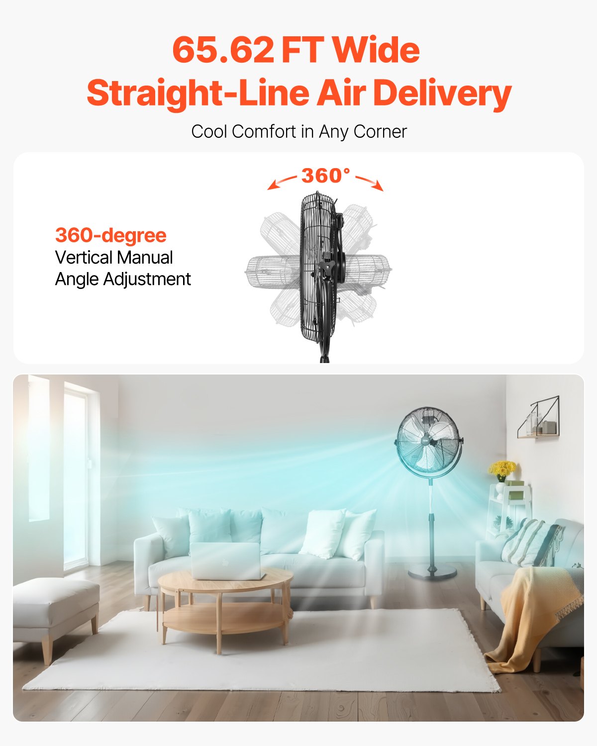 VEVOR Industrial Pedestal Fan, 18 Inch Standing Fan with 45.3 to 57.9 Inches Adjustable Height, Floor Fans with 3 Adjustable Speeds, High Power Bedroom Fans for Living Room, Home, Office, Black