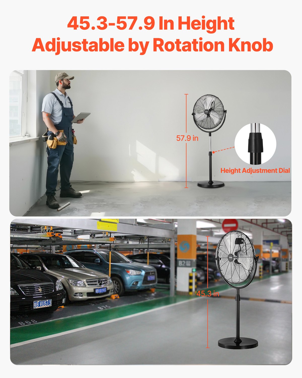 VEVOR Industrial Pedestal Fan, 18 Inch Standing Fan with 45.3 to 57.9 Inches Adjustable Height, Floor Fans with 3 Adjustable Speeds, High Power Bedroom Fans for Living Room, Home, Office, Black