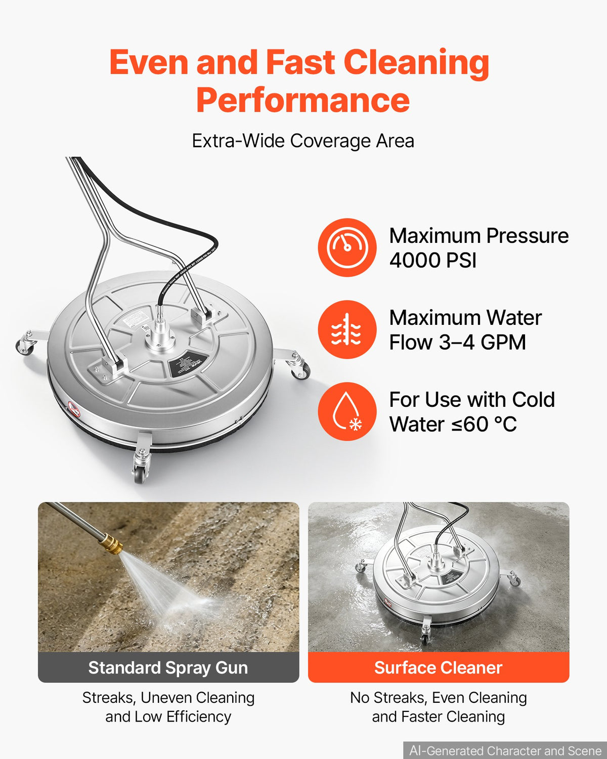 VEVOR 76.2 cm Pressure Washer Surface Cleaner with Wheels, Stainless Steel, Power Washer Attachment with Raised Handle for Concrete, Patio, Sidewalk, Deck, Driveway, 4000 Max PSI, 3/8 Quick Connector