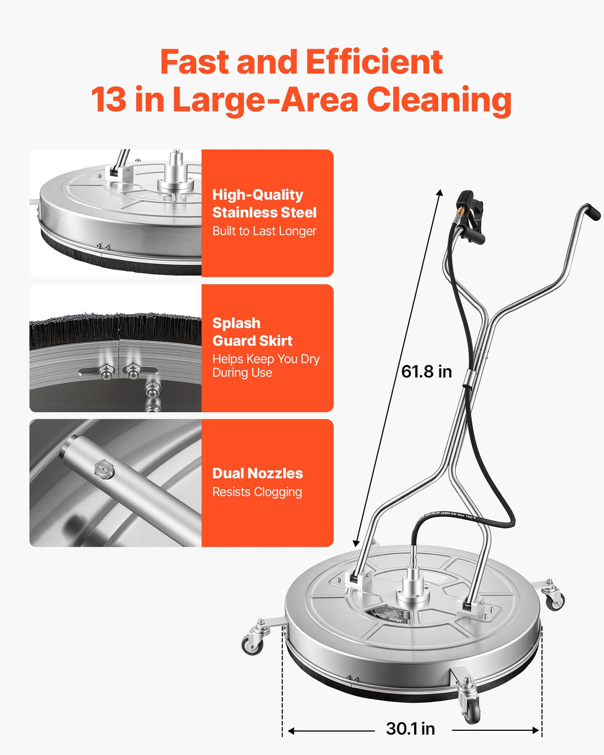 VEVOR 76.2 cm Pressure Washer Surface Cleaner with Wheels, Stainless Steel, Power Washer Attachment with Raised Handle for Concrete, Patio, Sidewalk, Deck, Driveway, 4000 Max PSI, 3/8 Quick Connector