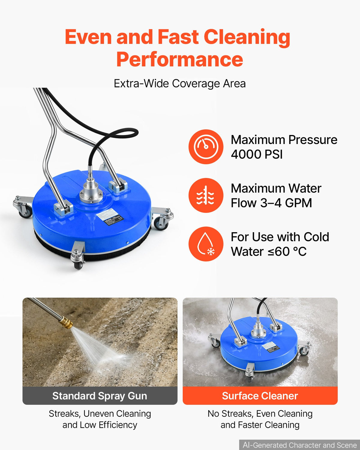 VEVOR 50.8 cm Pressure Washer Surface Cleaner with Wheels, Premium ABS Blue, Power Washer Attachment with Raised Handle for Concrete, Patio, Sidewalk, Deck, Driveway, 4000 Max PSI, 3/8 Quick Connector