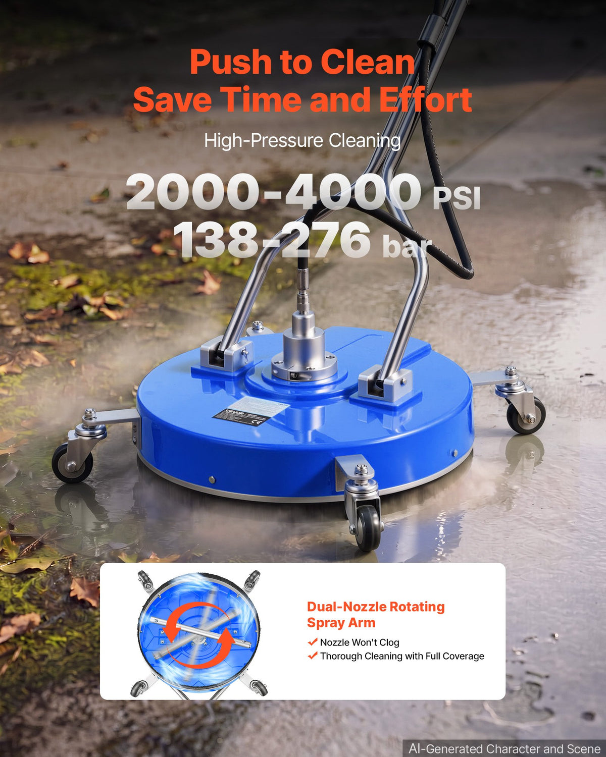 VEVOR 50.8 cm Pressure Washer Surface Cleaner with Wheels, Premium ABS Blue, Power Washer Attachment with Raised Handle for Concrete, Patio, Sidewalk, Deck, Driveway, 4000 Max PSI, 3/8 Quick Connector