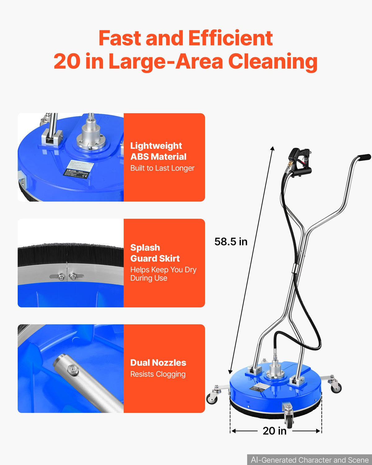 VEVOR 50.8 cm Pressure Washer Surface Cleaner with Wheels, Premium ABS Blue, Power Washer Attachment with Raised Handle for Concrete, Patio, Sidewalk, Deck, Driveway, 4000 Max PSI, 3/8 Quick Connector