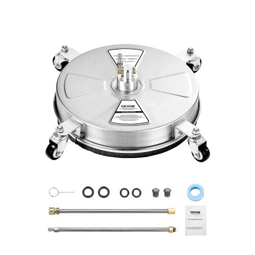 VEVOR 16.5" Pressure Washer Surface Cleaner, Stainless Steel Pressure Washer Attachments with 4 Wheels, 4000 Max PSI, 1/4 Quick Connector, 2 Spray Nozzles, 2 Extended Wands for Concrete, Patio, Deck