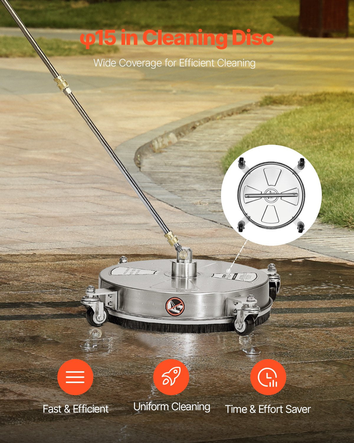 VEVOR 16.5" Pressure Washer Surface Cleaner, Stainless Steel Pressure Washer Attachments with 4 Wheels, 4000 Max PSI, 1/4 Quick Connector, 2 Spray Nozzles, 2 Extended Wands for Concrete, Patio, Deck