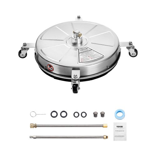 VEVOR 18" Pressure Washer Surface Cleaner, Stainless Steel Pressure Washer Attachments with 4 Wheels, 4000 Max PSI, 1/4 Quick Connector, 2 Spray Nozzles, 2 Extended Wands for Concrete, Patio, Deck