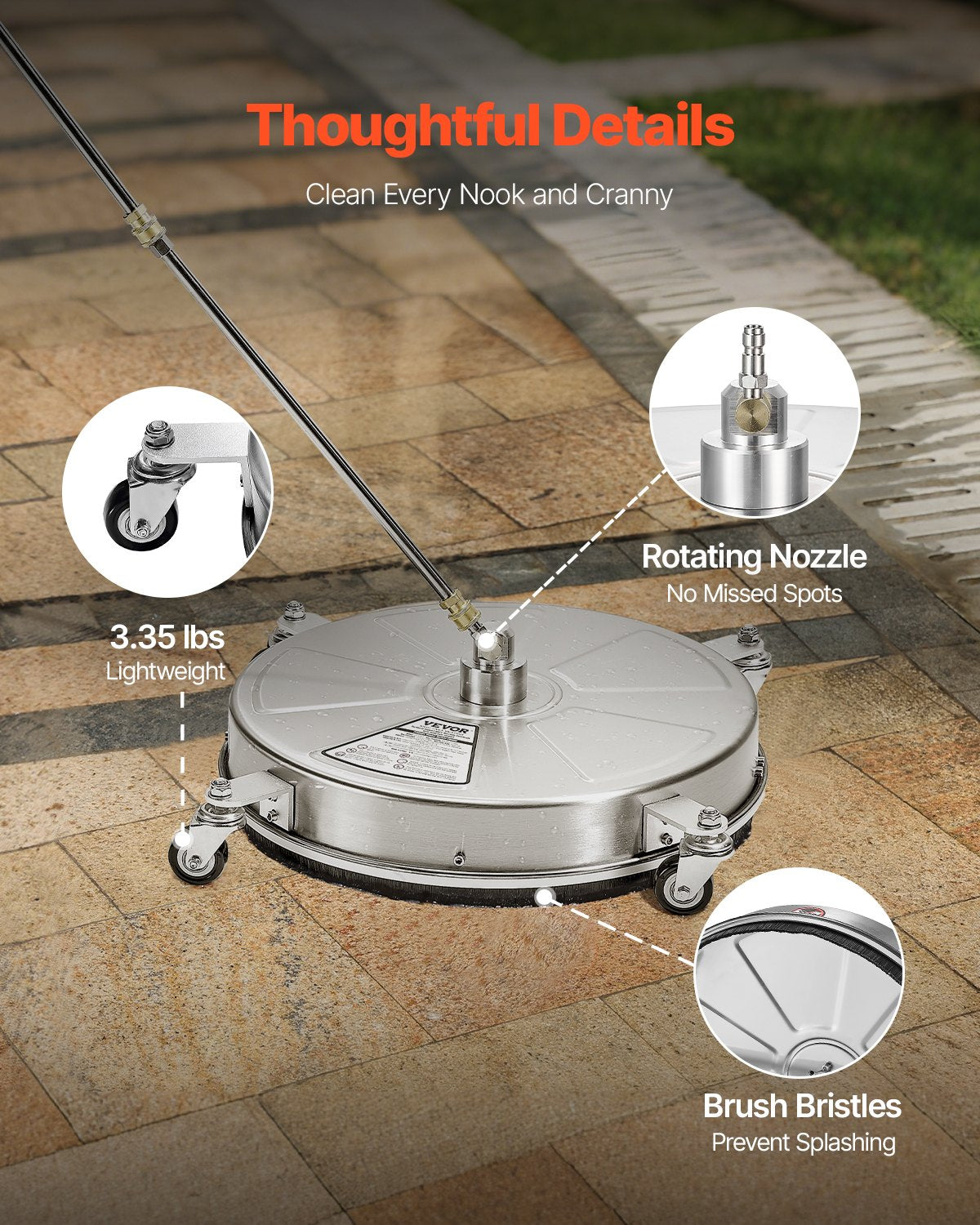 VEVOR 18" Pressure Washer Surface Cleaner, Stainless Steel Pressure Washer Attachments with 4 Wheels, 4000 Max PSI, 1/4 Quick Connector, 2 Spray Nozzles, 2 Extended Wands for Concrete, Patio, Deck
