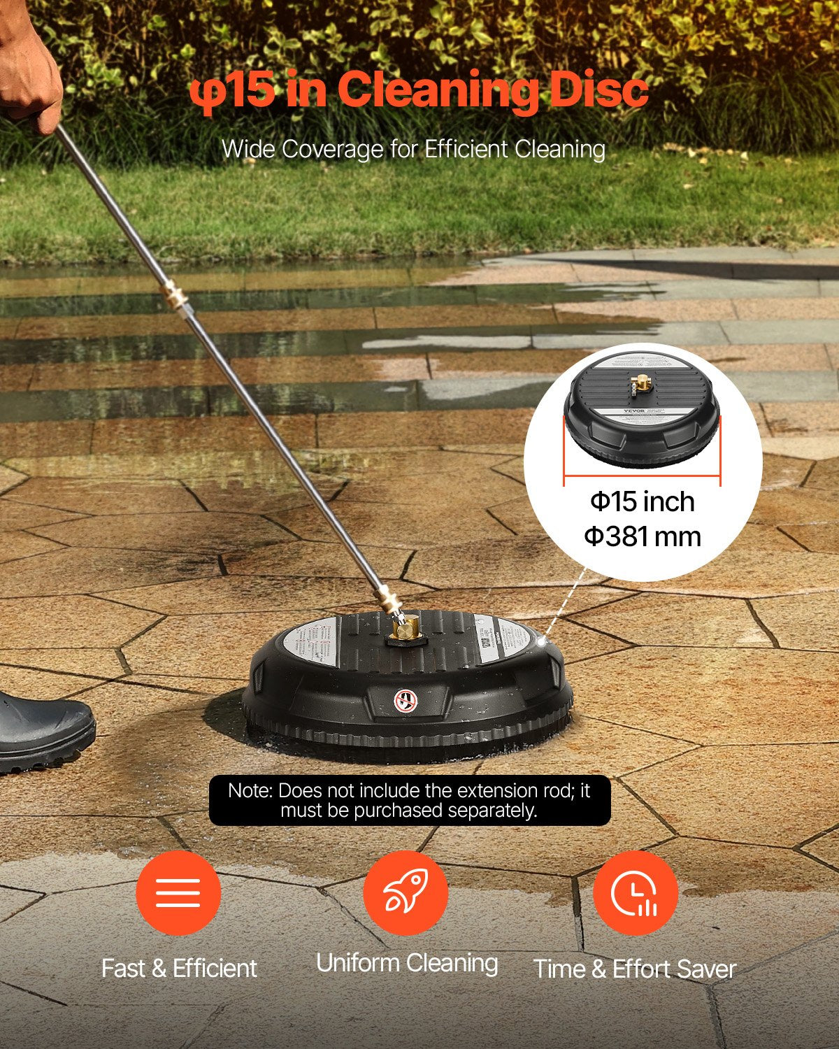 VEVOR 15" Pressure Washer Surface Cleaner, Plastic Pressure Washer Attachments with 4 Wheels, 4000 Max PSI, 1/4 Quick Connector, 2 Spray Nozzles, Ideal for Driveways, Sidewalks, Patios, Decks, Black