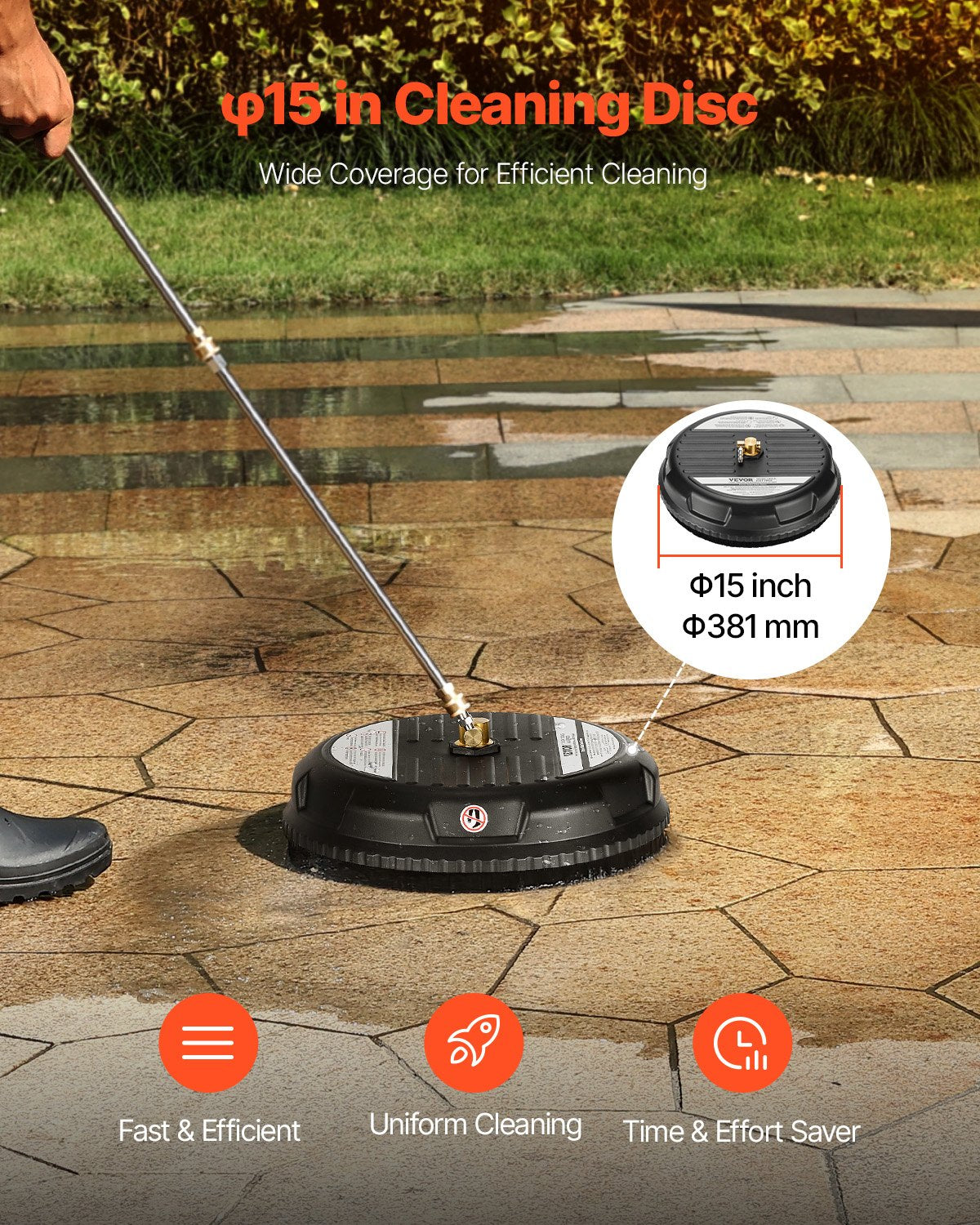 VEVOR 15" Pressure Washer Surface Cleaner, Plastic Pressure Washer Attachments with 4 Wheels, 4000 Max PSI, 1/4 Quick Connector, 2 Spray Nozzles, 2 Extended Wands for Driveway, Sidewalk, Patio, Deck
