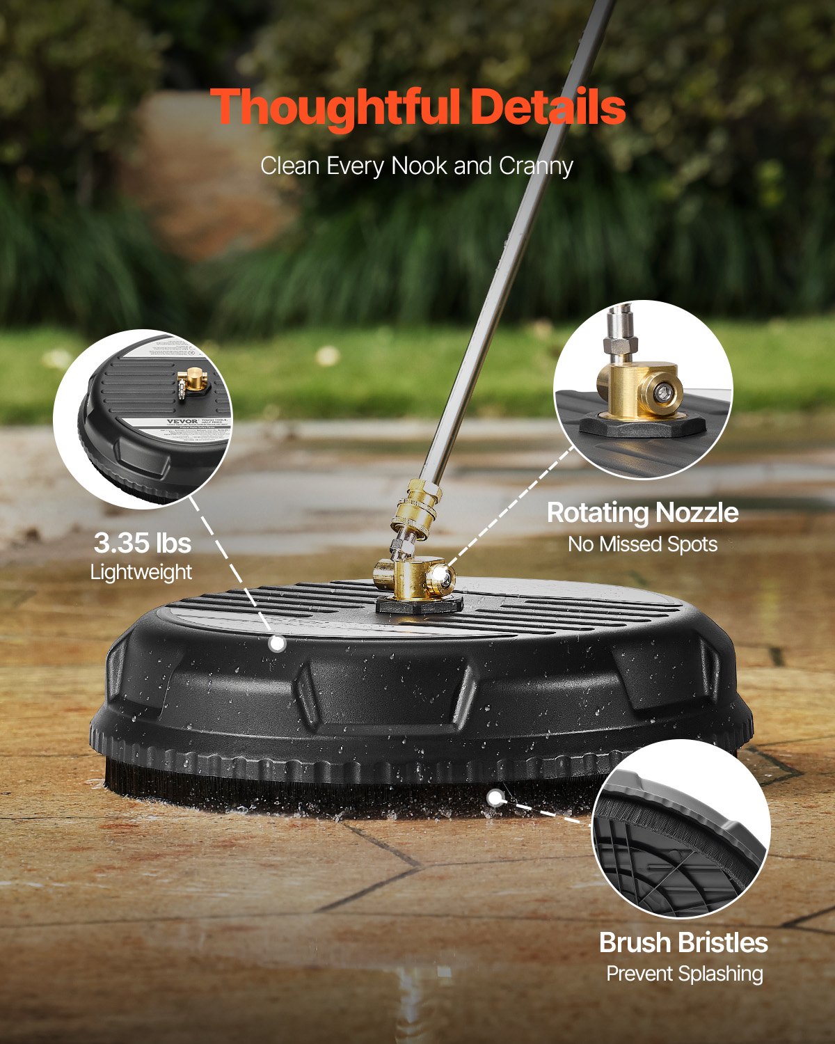 VEVOR 15" Pressure Washer Surface Cleaner, Plastic Pressure Washer Attachments with 4 Wheels, 4000 Max PSI, 1/4 Quick Connector, 2 Spray Nozzles, 2 Extended Wands for Driveway, Sidewalk, Patio, Deck