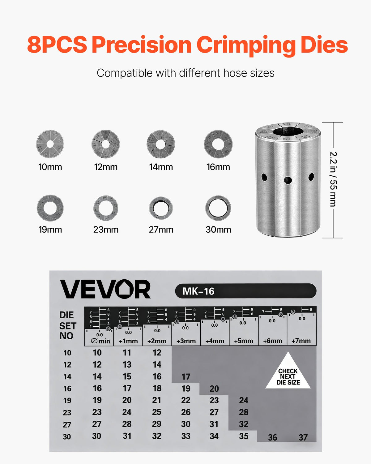 VEVOR High Pressure Hydraulic Hose Crimper, Manual Hose Crimping Tool with 8 Dies & 0.24"-1.1" Crimping Range, Suitable for Low & High-Pressure Oil Pipes, Gas/Water/Auto AC Hoses & Cable Joints