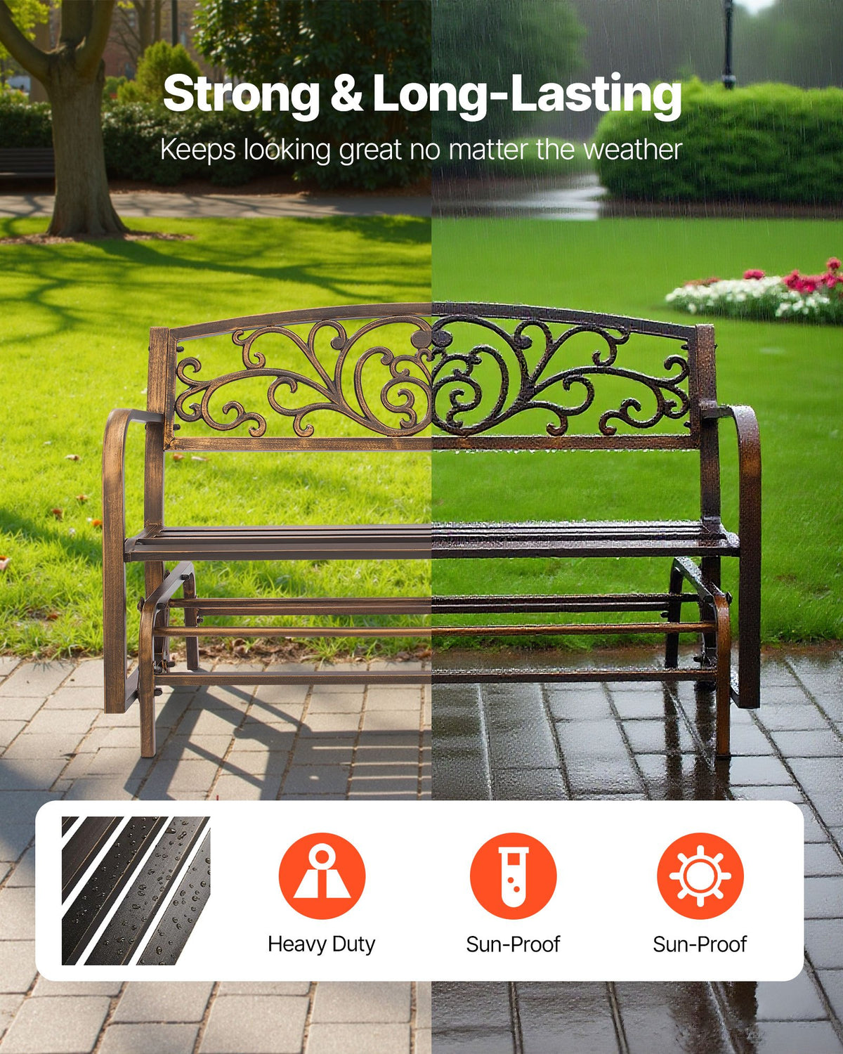 VEVOR Outdoor Bench, 127 cm, Carbon Steel Metal Frame with Cast Iron Backrest and Round Edge Armrests, Weatherproof Outside Glider Bench for Patio, Garden, Park, Yard, Front Porch, Antique Bronze