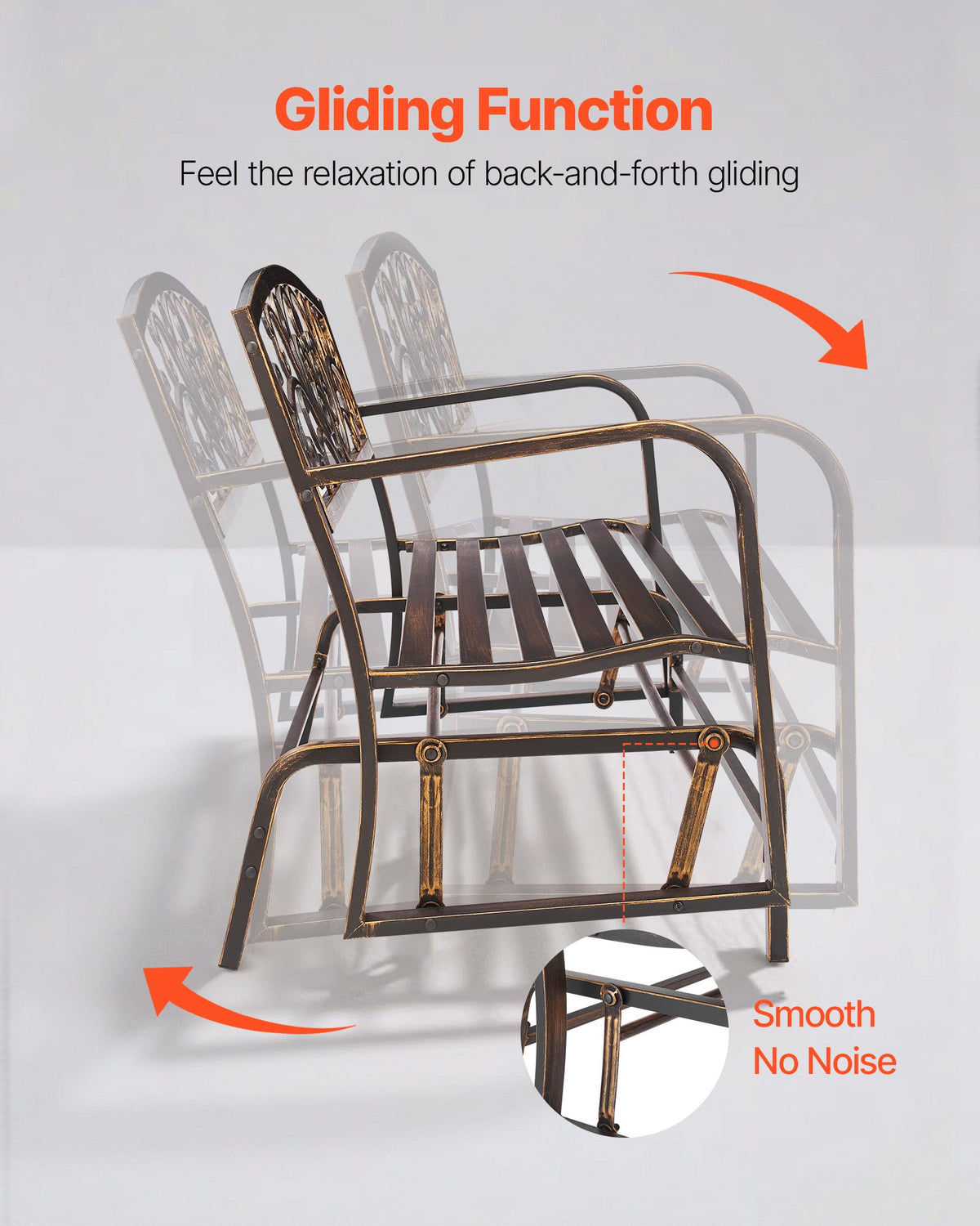 VEVOR Outdoor Bench, 127 cm, Carbon Steel Metal Frame with Cast Iron Backrest and Round Edge Armrests, Weatherproof Outside Glider Bench for Patio, Garden, Park, Yard, Front Porch, Antique Bronze
