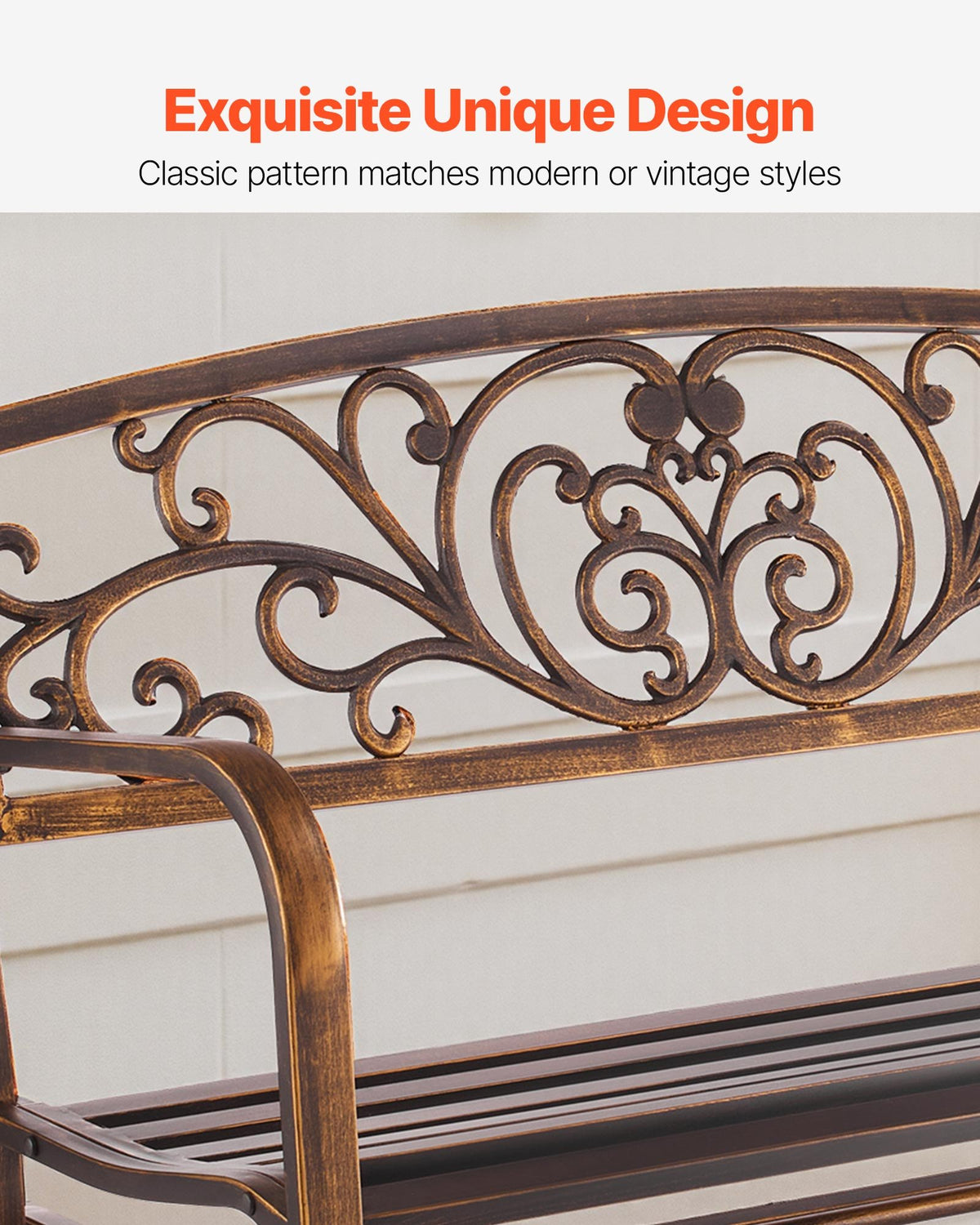 VEVOR Outdoor Bench, 127 cm, Carbon Steel Metal Frame with Cast Iron Backrest and Round Edge Armrests, Weatherproof Outside Glider Bench for Patio, Garden, Park, Yard, Front Porch, Antique Bronze