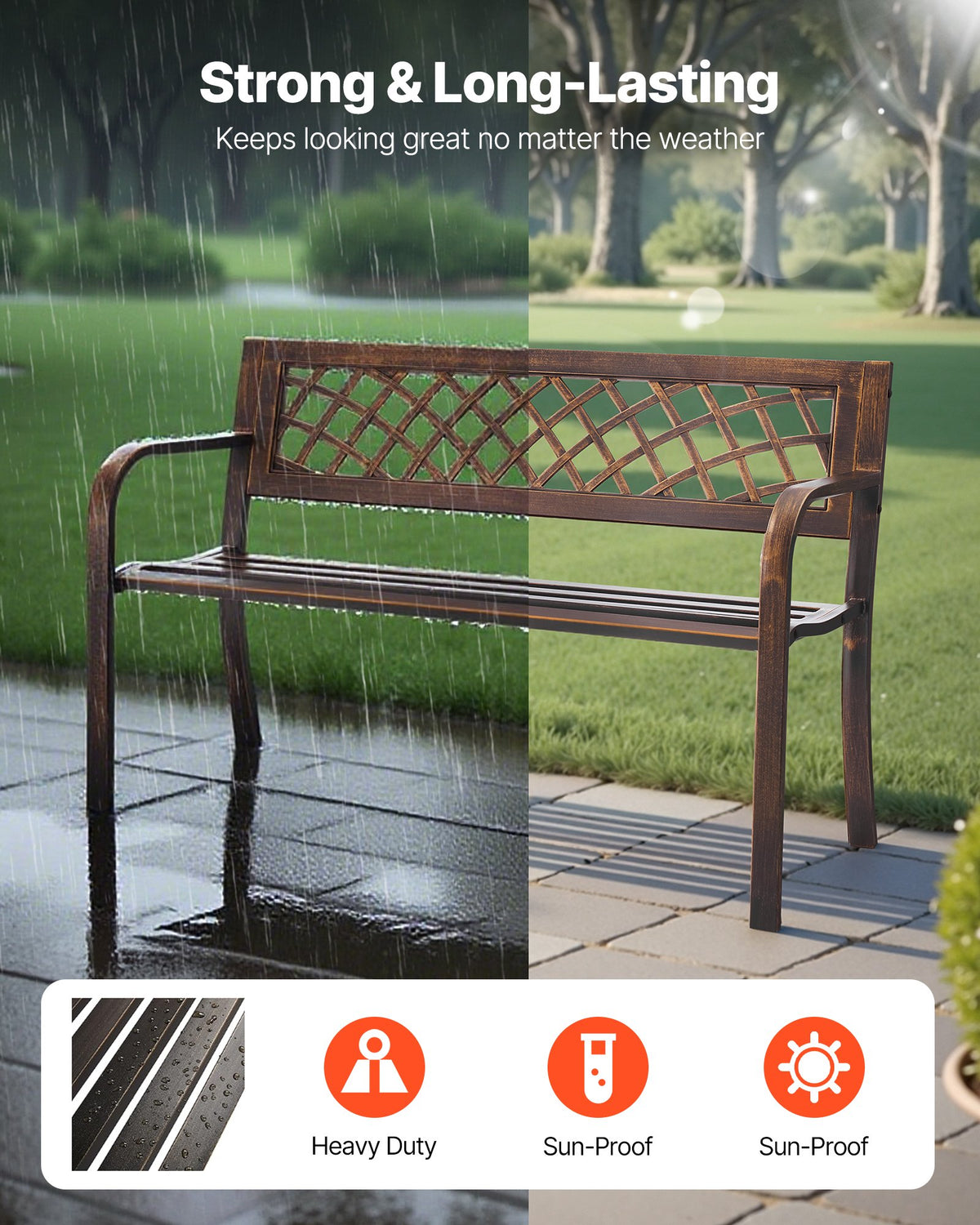 VEVOR Outdoor Bench, 116 cm, Carbon Steel Metal Frame with PVC Mesh Pattern Backrest and Round Edge Armrests, Weatherproof Outside Bench for Patio, Garden, Park, Yard, Front Porch, Antique Bronze