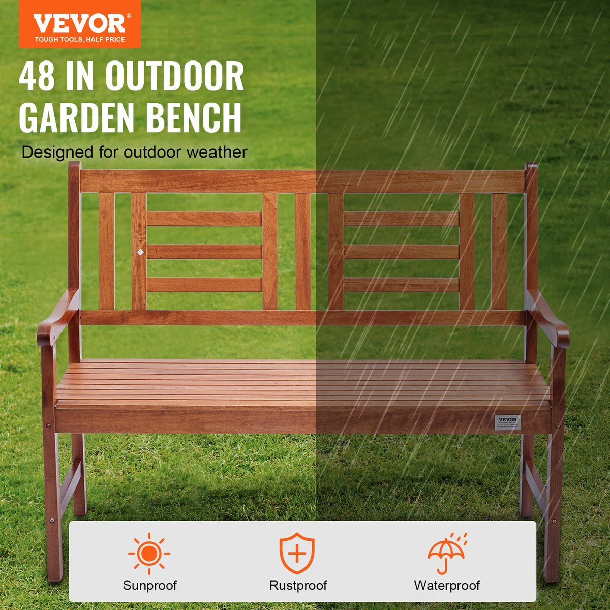 VEVOR Outdoor Bench 48 in/121.9 cm Wood Garden Bench 700 lbs/317.5 kg Park Patio Yard Porch Bench