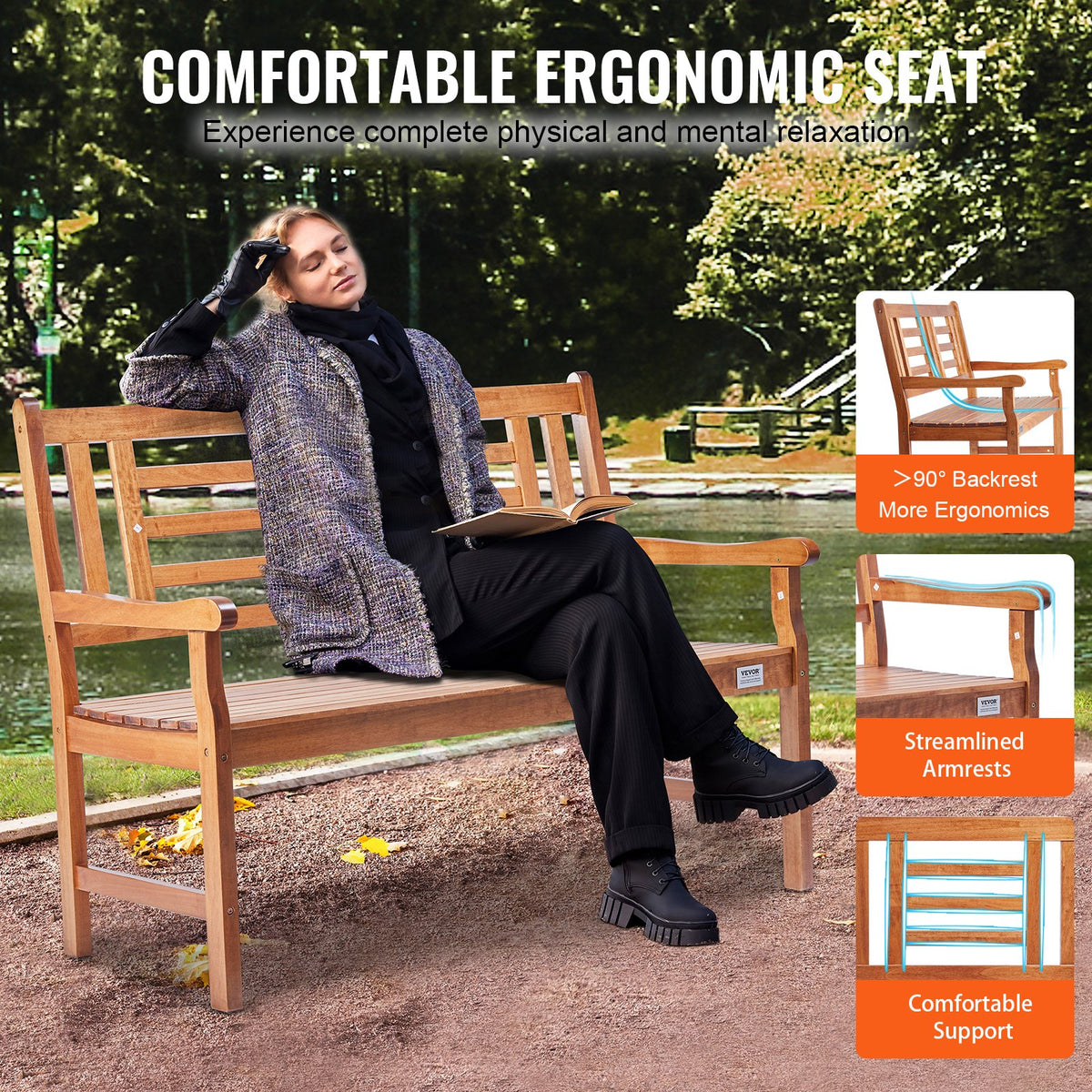 VEVOR Outdoor Bench 48 in/121.9 cm Wood Garden Bench 700 lbs/317.5 kg Park Patio Yard Porch Bench