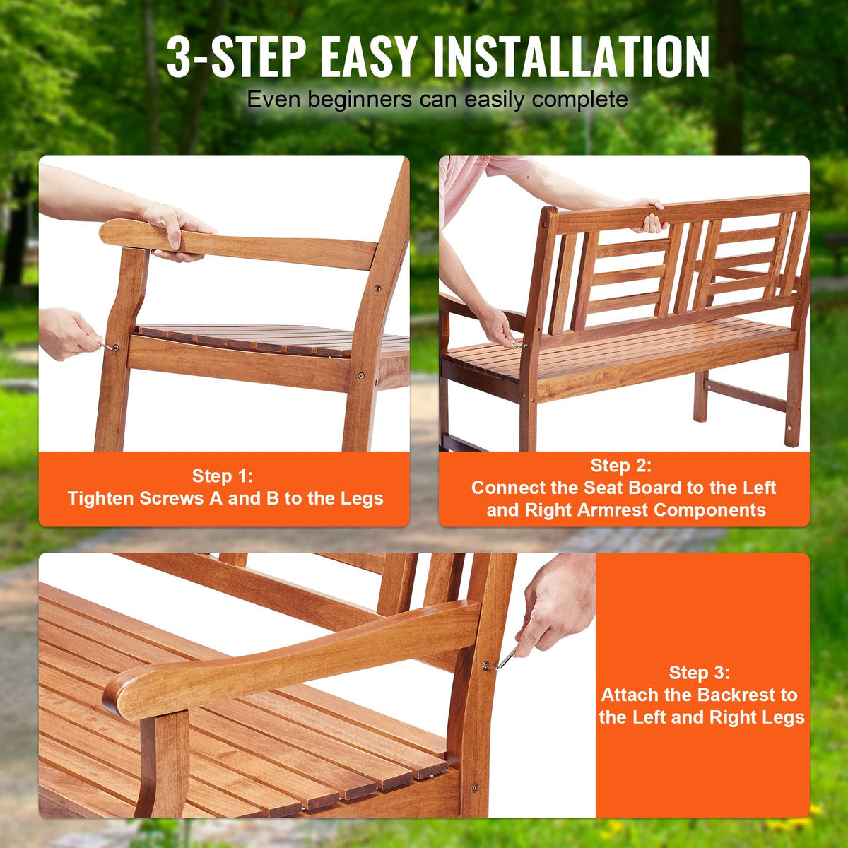 VEVOR Outdoor Bench 48 in/121.9 cm Wood Garden Bench 700 lbs/317.5 kg Park Patio Yard Porch Bench