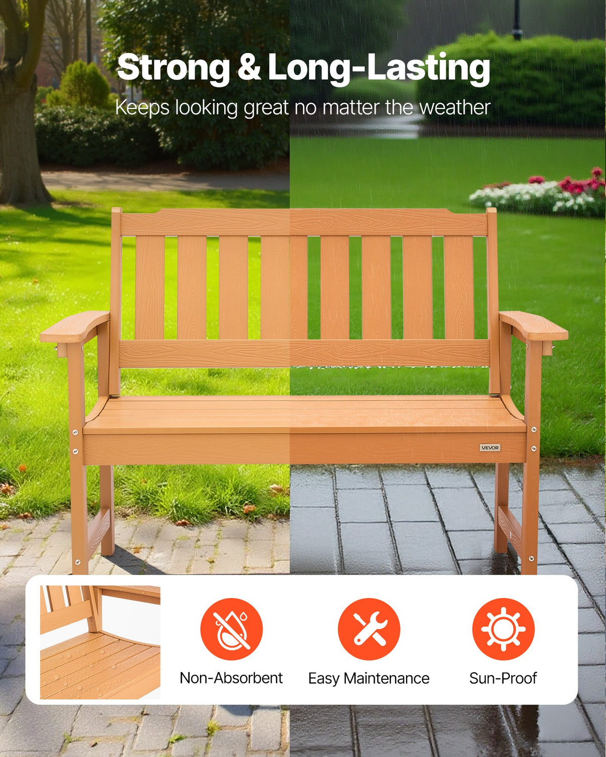 VEVOR Outdoor Bench, 128 cm, 363 kg Weight Capacity for 2-3 Persons, Weatherproof Plastic Frame with Backrest and Wide Armrests, Outside Bench for Patio, Garden, Park, Yard, Natural Wood Color