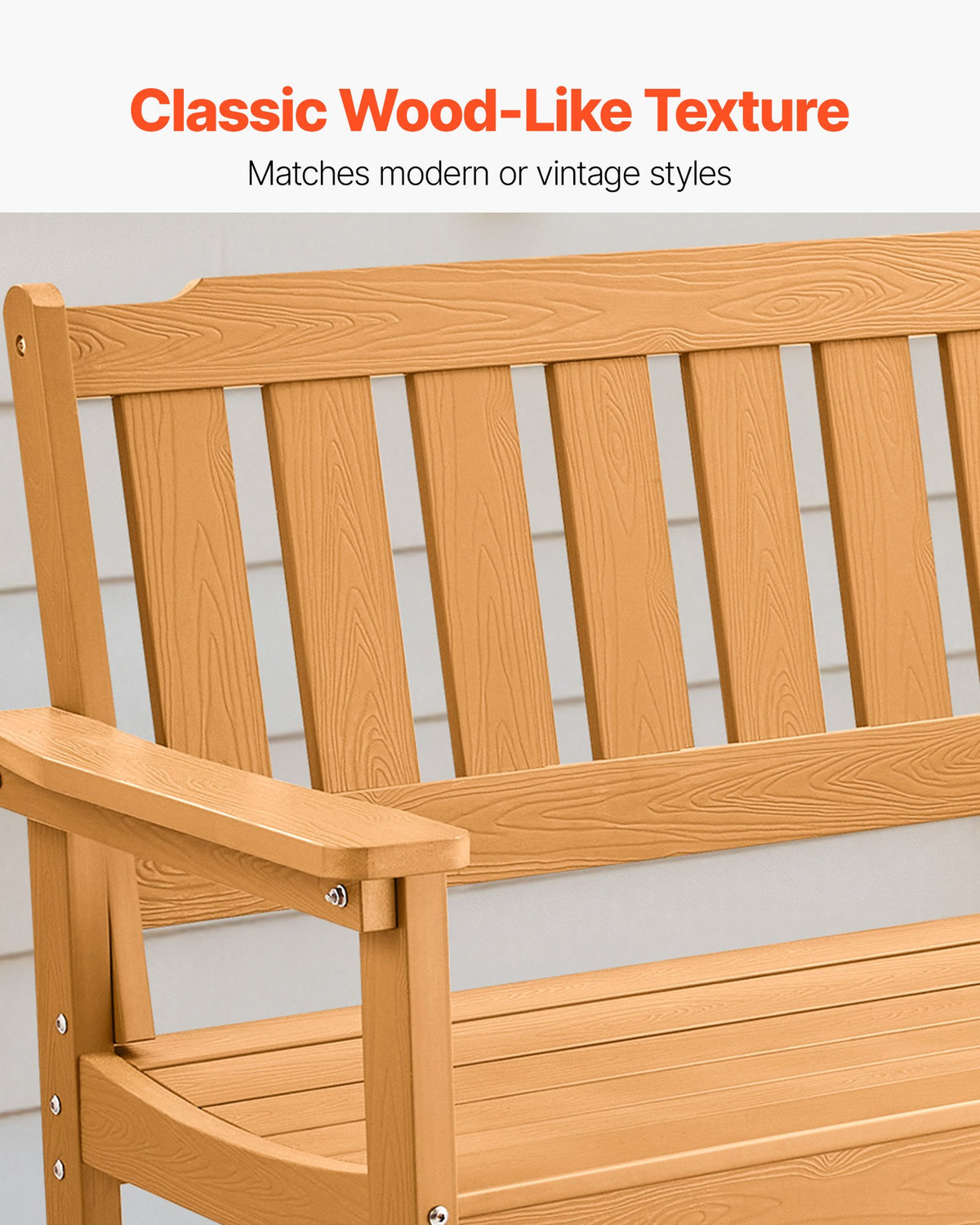 VEVOR Outdoor Bench, 128 cm, 363 kg Weight Capacity for 2-3 Persons, Weatherproof Plastic Frame with Backrest and Wide Armrests, Outside Bench for Patio, Garden, Park, Yard, Natural Wood Color