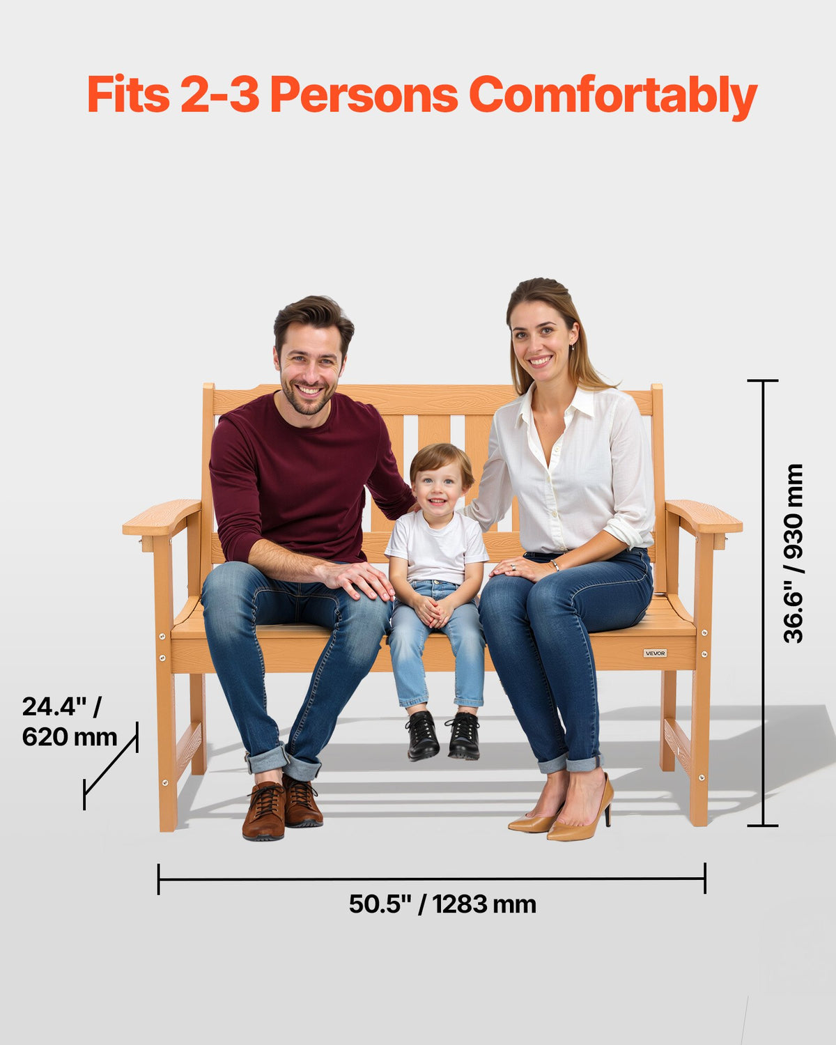 VEVOR Outdoor Bench, 128 cm, 363 kg Weight Capacity for 2-3 Persons, Weatherproof Plastic Frame with Backrest and Wide Armrests, Outside Bench for Patio, Garden, Park, Yard, Natural Wood Color