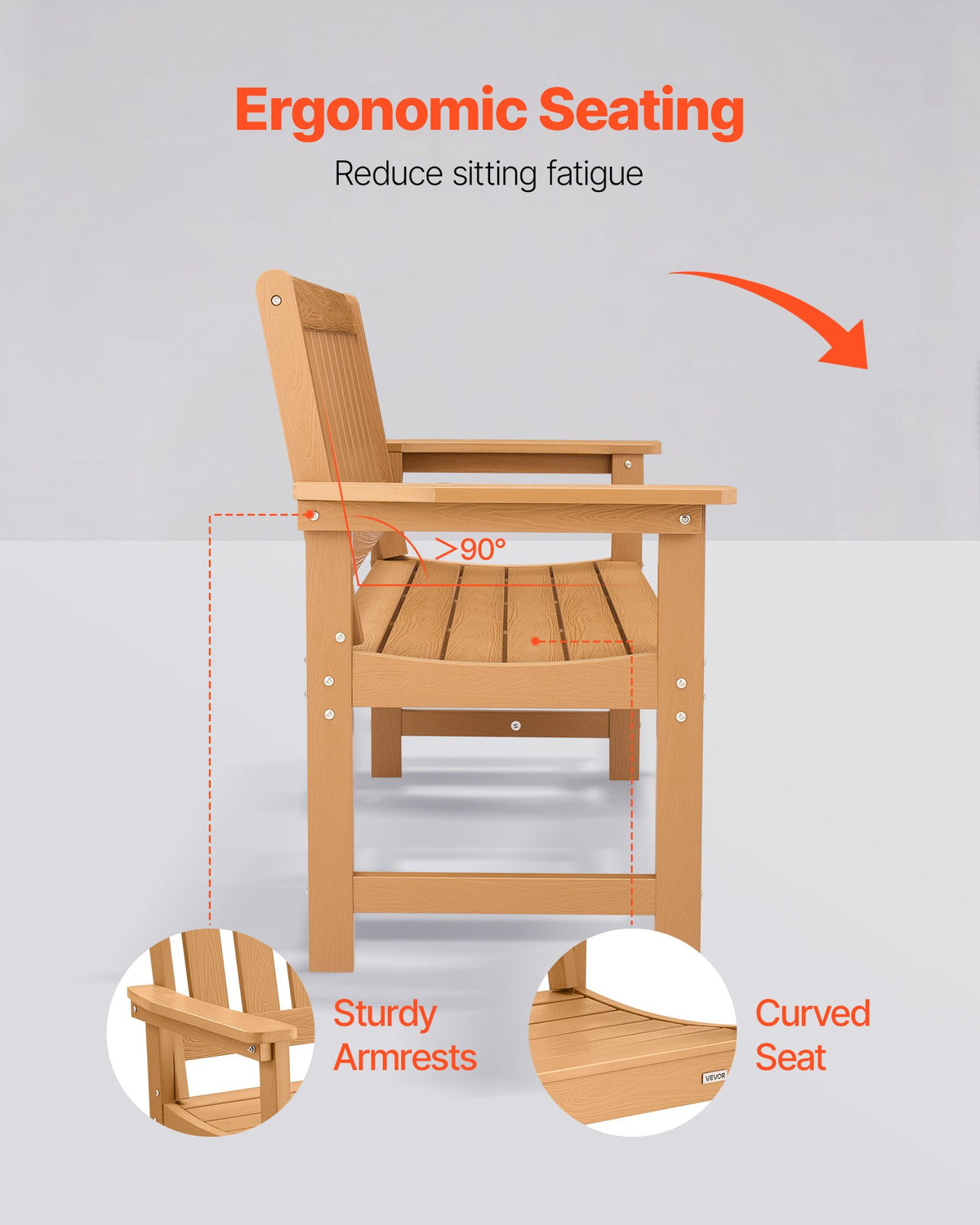 VEVOR Outdoor Bench, 128 cm, 363 kg Weight Capacity for 2-3 Persons, Weatherproof Plastic Frame with Backrest and Wide Armrests, Outside Bench for Patio, Garden, Park, Yard, Natural Wood Color