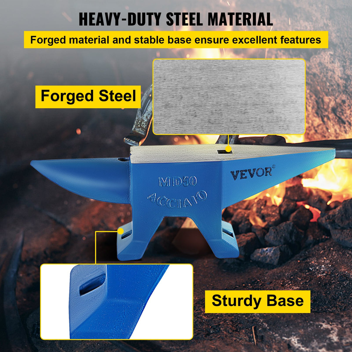 VEVOR Single Horn Anvil Cast Steel Anvil Blacksmith for Sale Forge Steel Tools with Round and Square Hole and Equipment Anvil Rugged Blacksmith Jewelers Durable and Robust Metal Working Tool 105Lbs