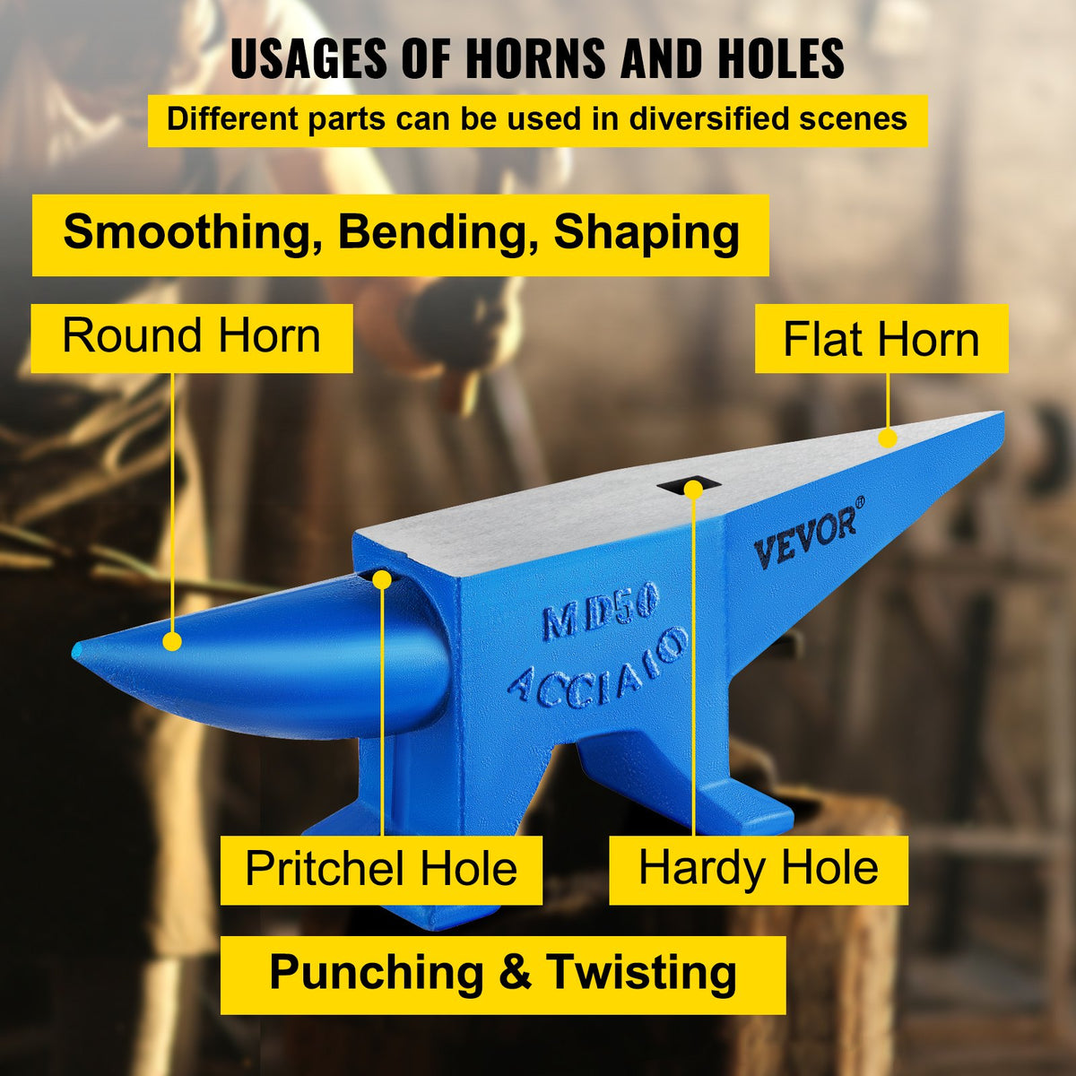 VEVOR Single Horn Anvil Cast Steel Anvil Blacksmith for Sale Forge Steel Tools with Round and Square Hole and Equipment Anvil Rugged Blacksmith Jewelers Durable and Robust Metal Working Tool 105Lbs